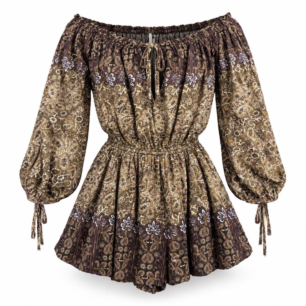 Free People So Divine Romper M Brown Paisley Boho 70s Whimsigoth Off Shoulder
